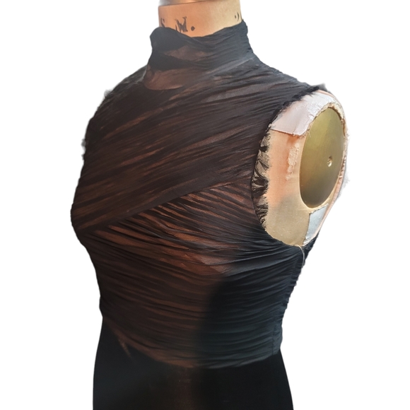 Vera Wang Black Nude Silk Chiffon Mock Neck Ruched Sheath Dress Size 12 - Picture 6 of 10